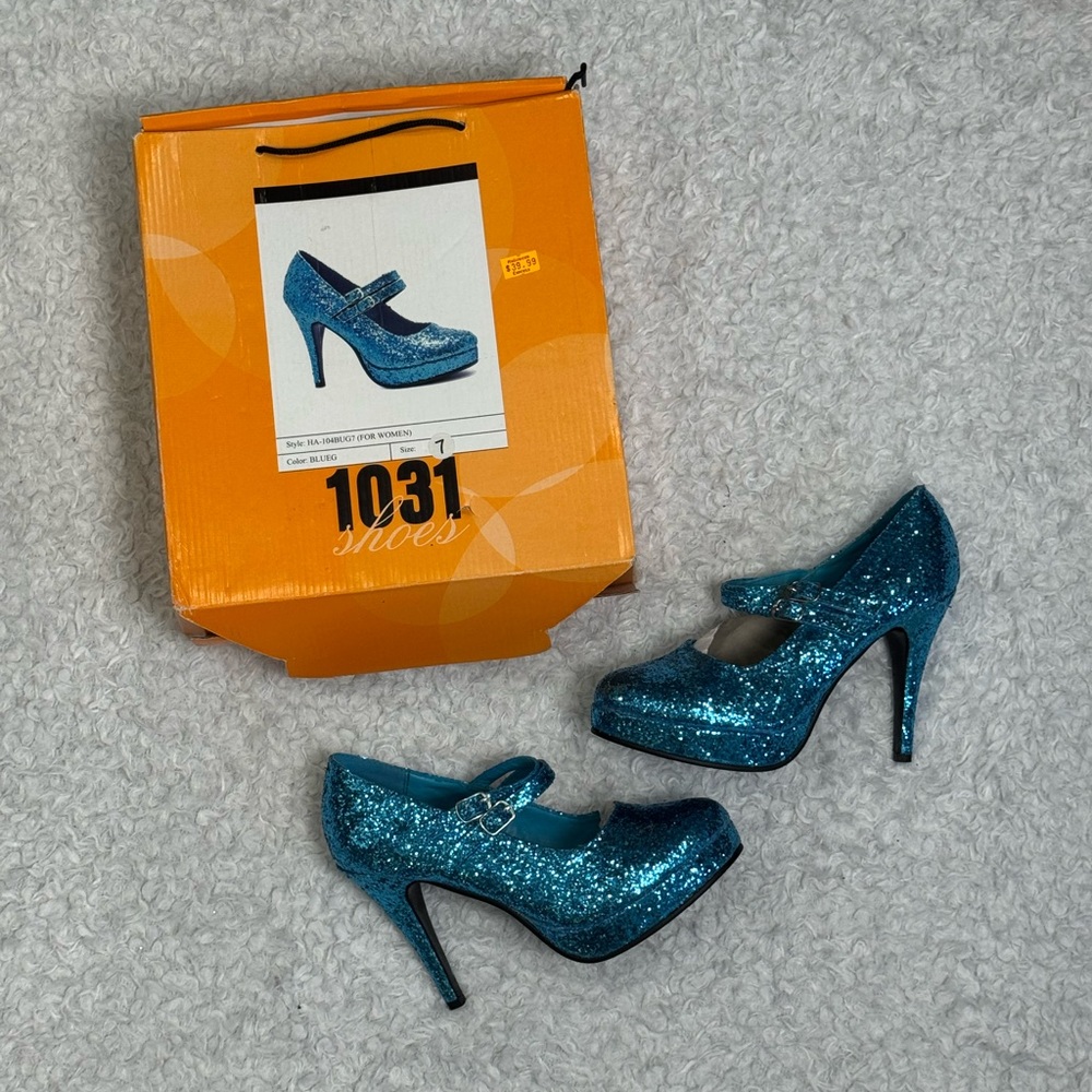 NIB 1031 Shoes Women’s Blue Glitter Sparkly High Heels W/ Double Straps (Size 7)